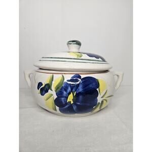 Vtg Mexican Hand Made Painted Decorative Lidded Bean Pot Blue Floral Casserole
